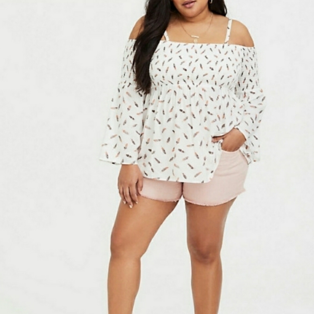 TORRID Feather Novelty Print Smocked Cold Shoulder Long Sleeve White Top 1X